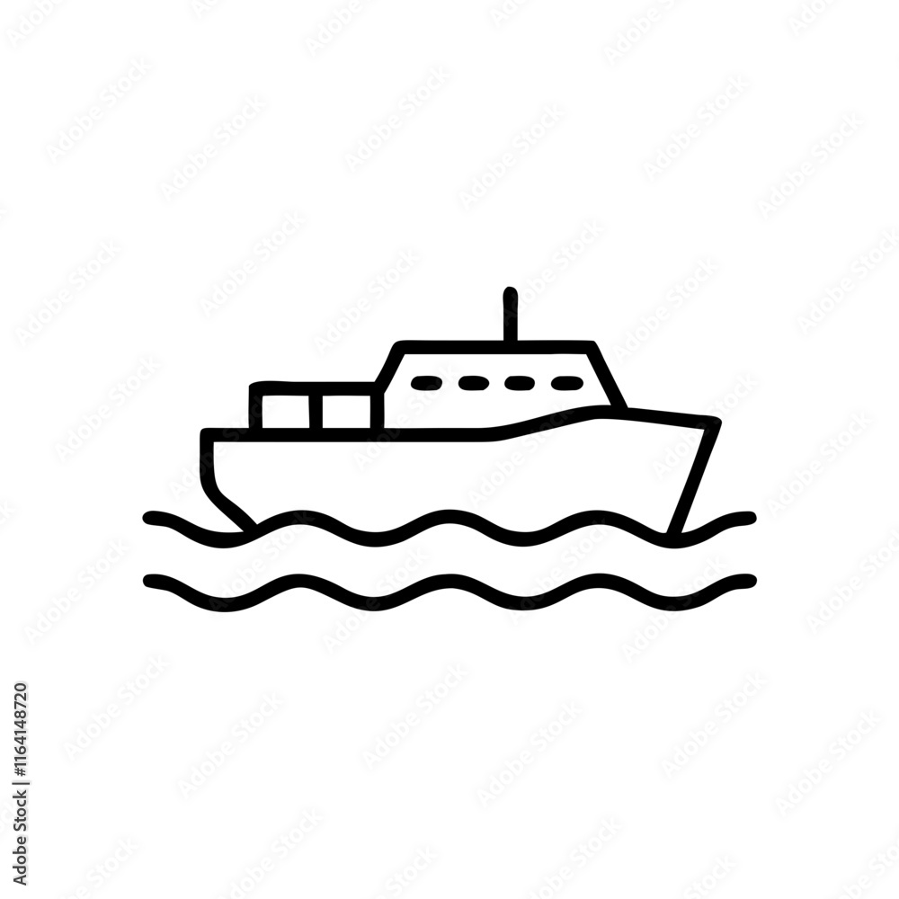 Black ship icon on waves in simple line art style.