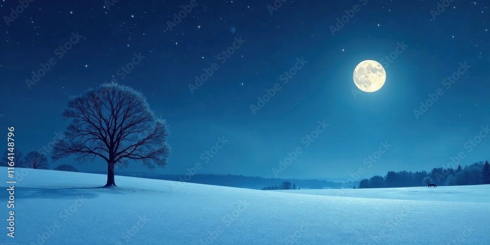 Fototapeta premium Serene Winter Nightscape A Lone Tree Under the Full Moon's Glow in a Snow-Covered Field