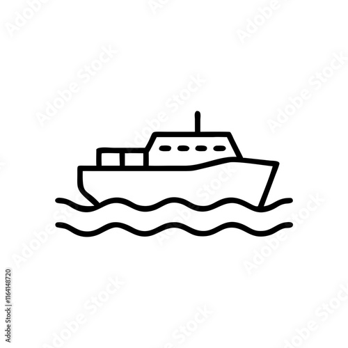 Black ship icon on waves in simple line art style.