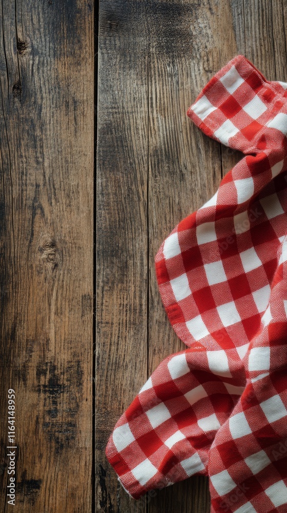 Red and white checkered cloth on rustic wooden table with fresh herbs nearby Red and white checkered cloth on rustic wooden table with fresh herbs nearby