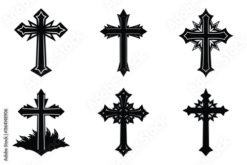 Christian cross silhouette set. Religious cross icon collection. Set of holly cross for religion. Cross shape collection illustration