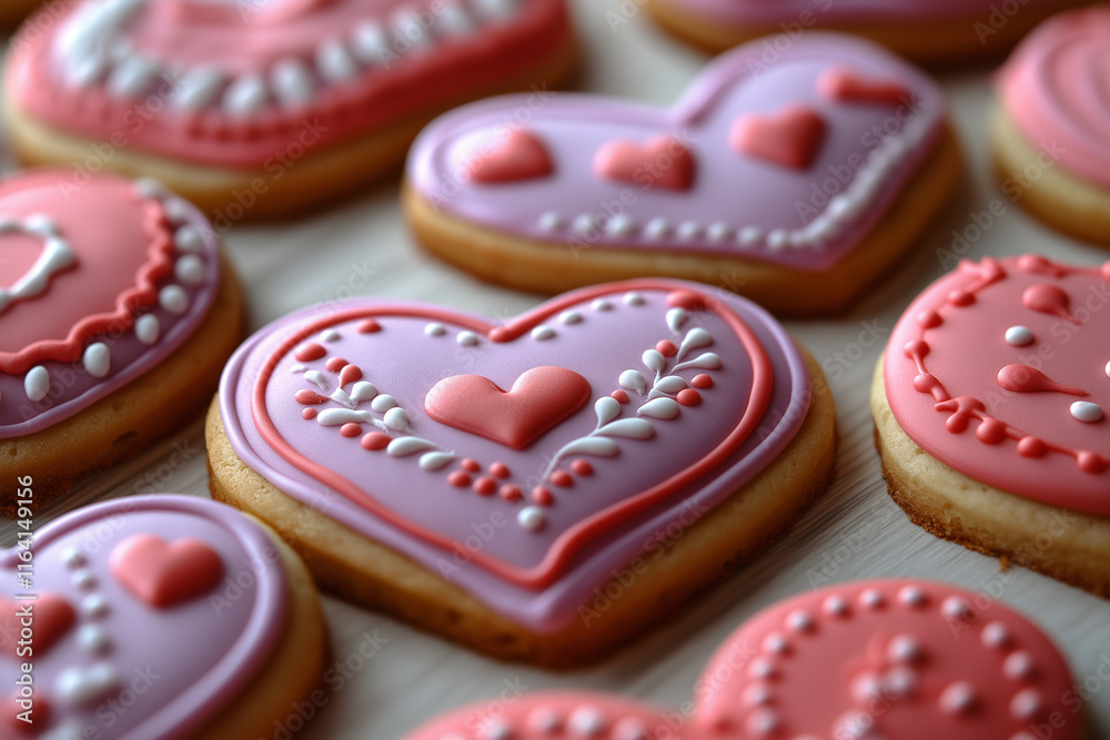 Beautifully decorated heart-shaped cookies with icing. Beautifully decorated heart-shaped cookies with icing.