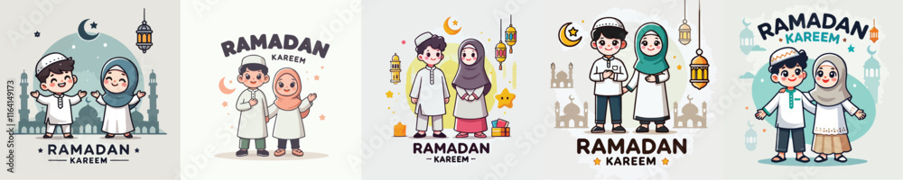 set Vector Illustration Of Muslim Kids Celebrating Ramadan in flat design style set Vector Illustration Of Muslim Kids Celebrating Ramadan in flat design style