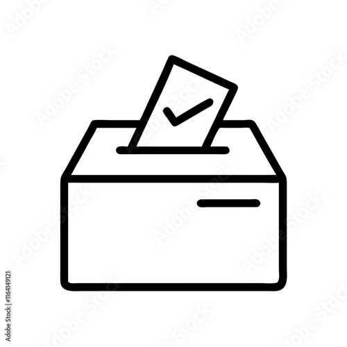 Black ballot box icon with voting paper in line art style.