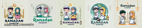 set Vector Illustration Of Muslim Kids Celebrating Ramadan in flat design style