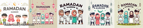 set Vector Illustration Of Muslim Kids Celebrating Ramadan in flat design style