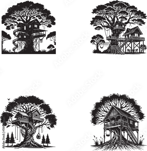 Silhouette of a Treehouse in the Forest