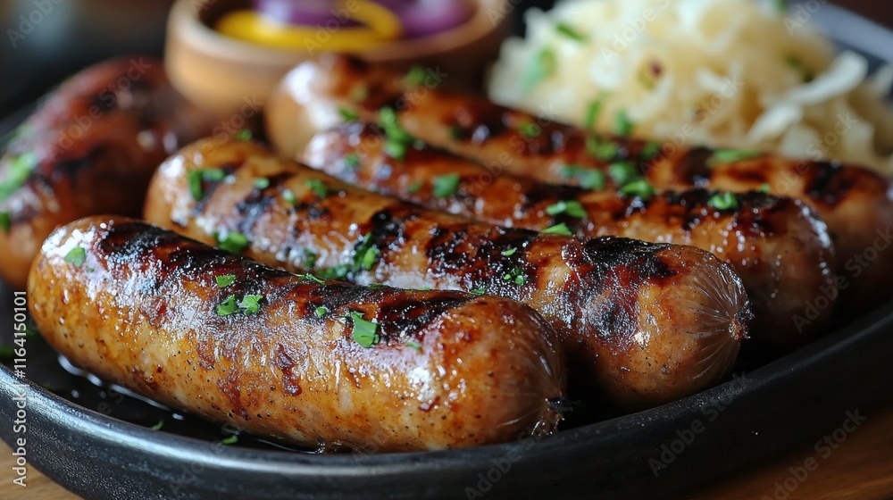 Grilled sausages served with sauerkraut and mustard on a black plate Grilled sausages served with sauerkraut and mustard on a black plate