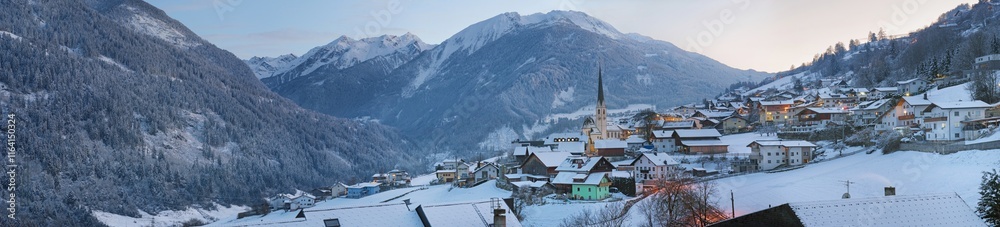 Winter ski sport activities in sunny day. Skier village Wenns detail panorama with copy space concept. Winter ski sport activities in sunny day. Skier village Wenns detail panorama with copy space concept.