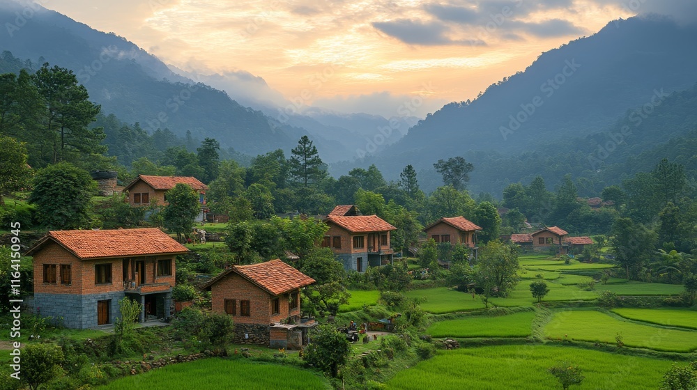 Serene village nestled in lush mountains during a cloudy day Serene village nestled in lush mountains during a cloudy day