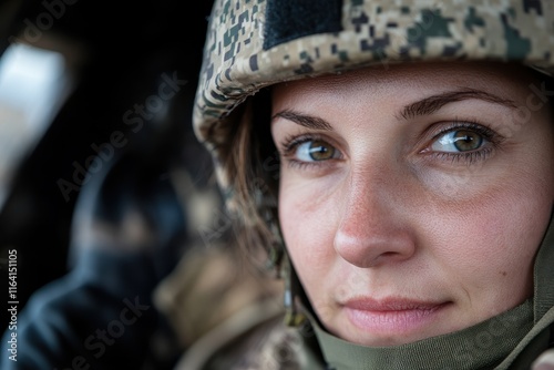 A focused expression of a female soldier captured in a close-up, highlighting her resolve and presence amid a military environment, symbolizing courage and determination.