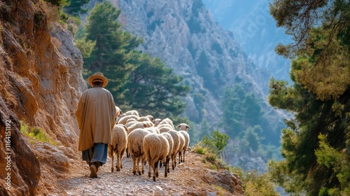 Shepherd guiding a flock of sheep through a mountainous landscape during daylight hours