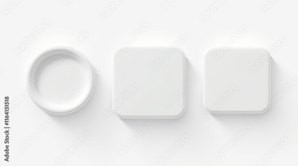 Three blank white buttons, circle and square. Minimalist UI design elements. Three blank white buttons, circle and square. Minimalist UI design elements.