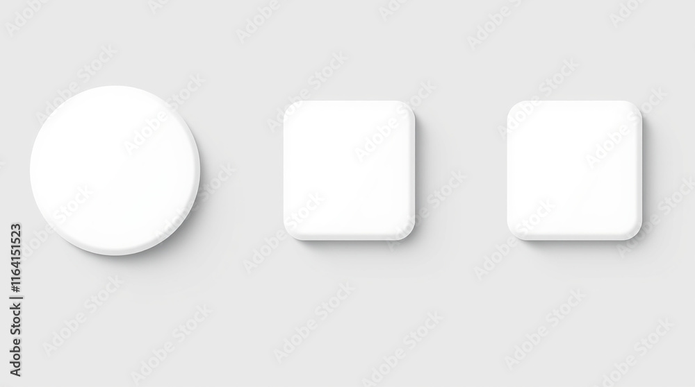 Blank white buttons, circle and square. UI/UX design elements. Blank white buttons, circle and square. UI/UX design elements.
