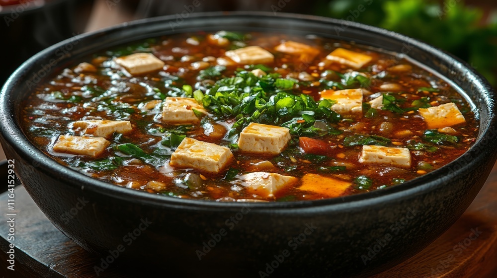 Spicy tofu stew with herbs garnished in a traditional black stone bowl Spicy tofu stew with herbs garnished in a traditional black stone bowl