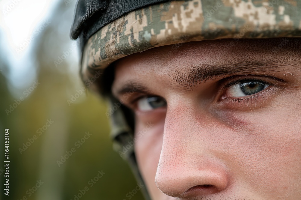A soldier portrayed with a focused expression against a blurred background, embodying qualities like bravery, resilience, and commitment characteristic of military individuals. A soldier portrayed with a focused expression against a blurred background, embodying qualities like bravery, resilience, and commitment characteristic of military individuals.