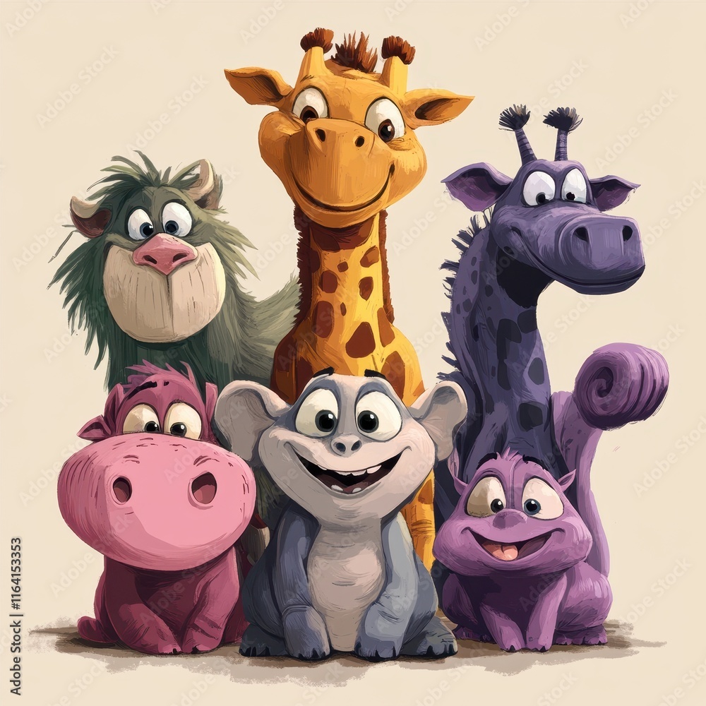 Naklejka premium A Group Of Friendly Cartoon Animals Together