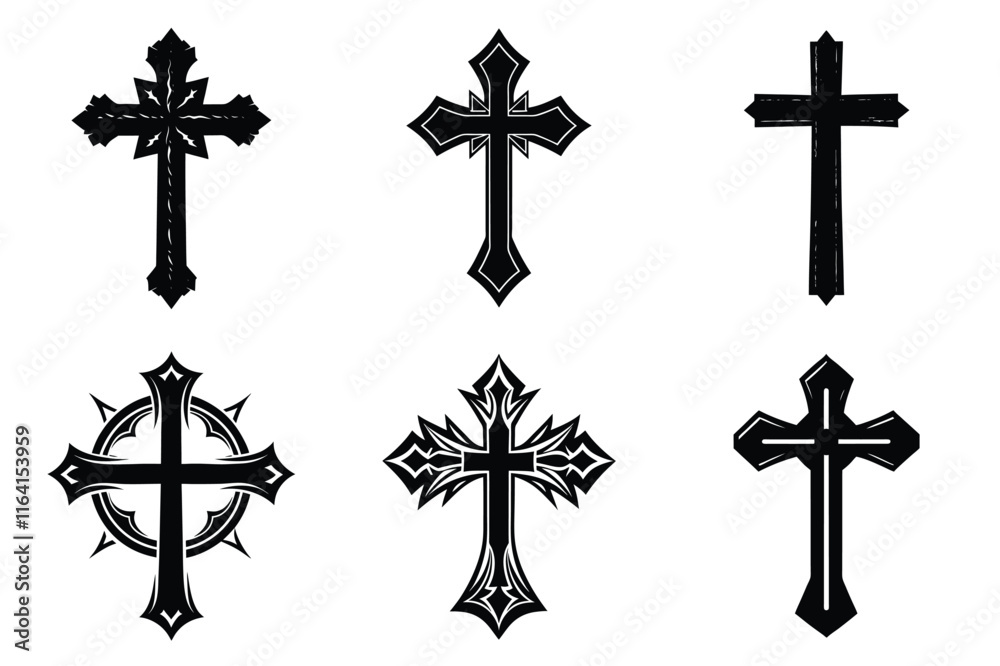 Christian cross silhouette set. Religious cross icon collection. Set of holly cross for religion. Cross shape collection illustration