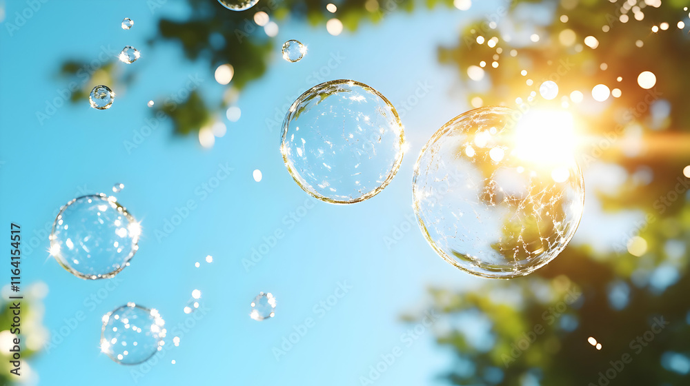 Soap bubbles floating in the air with sun shining through trees. Soap bubbles floating in the air with sun shining through trees.