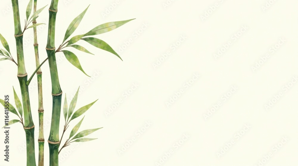 Fototapeta premium Serene Bamboo Stalks with Lush Green Foliage on a Soft Cream Background, Ideal for Peaceful Designs and Tranquil Atmospheres
