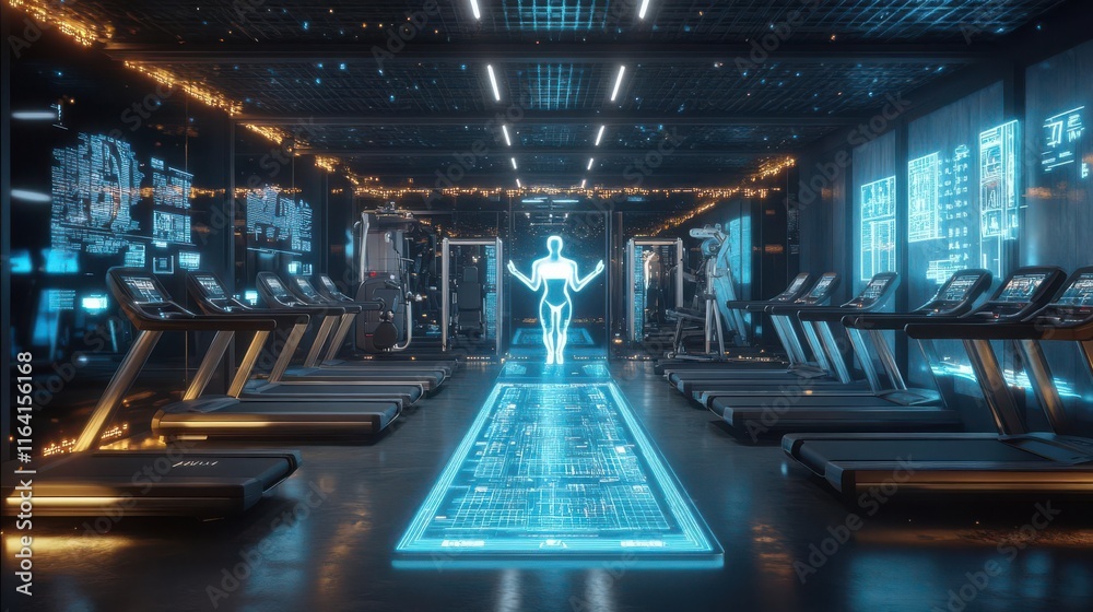 Fototapeta premium Train with holographic coaches in a futuristic gym and track your health with digital monitors