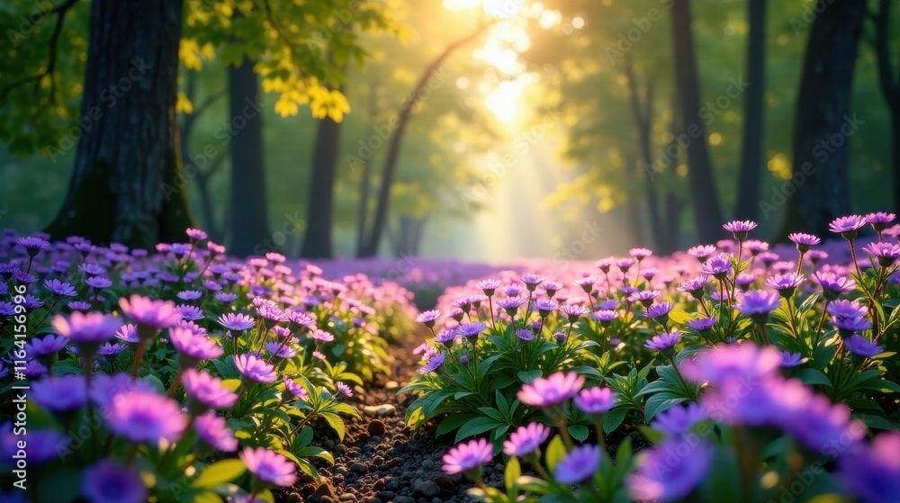 Obraz premium Serene Path Through a Sun-Dappled Forest of Blooming Purple Flowers, a Vision of Tranquil Natural Beauty