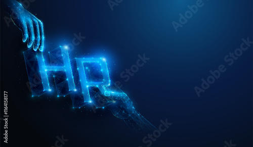 Abstract illustration of low poly hands approaching HR human resources 3d letters. Geometric background on business company hiring agency, employment, work force management concept by wireframe mesh