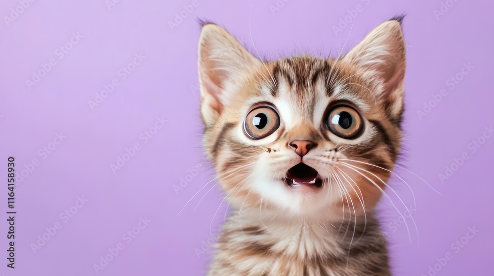 Fototapeta premium Startled kitten on lavender background in 169 ratio