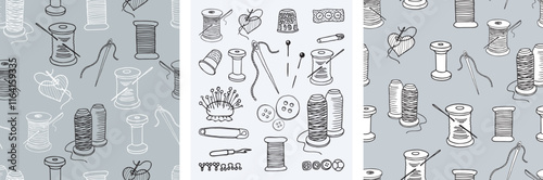 Contour drawings of sewing tools set, seamless patterns of  threads spools and needles, background, paper, wallpaper, vector illustration