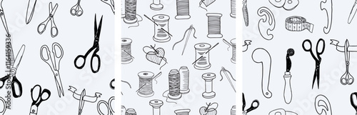 Outline hand drawings of sewing tools set, seamless patterns of scissors, threads spools and needles, background, paper, wallpaper, vector illustration