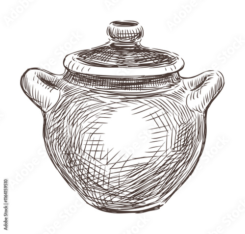 Hand drawn vintage clay saucepan with cover, two handles, vector sketch isolated on white