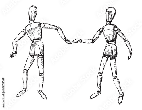 Outline hand drawings of dancing human mannequins pair, wooden doll, dummy, sketch, vector illustration