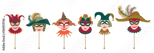 Masquerade venetian vintage masks collection, vector illustration isolated on white