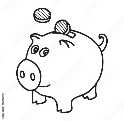 Contour drawing of piggy bank with coins, vector hand drawn illustration isolated on white