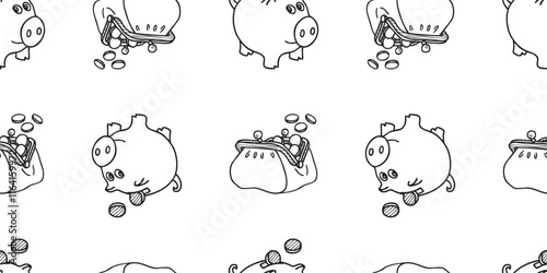 Seamless patern of contour drawings  piggy bank and old purse with coins, vector hand drawn background, paper