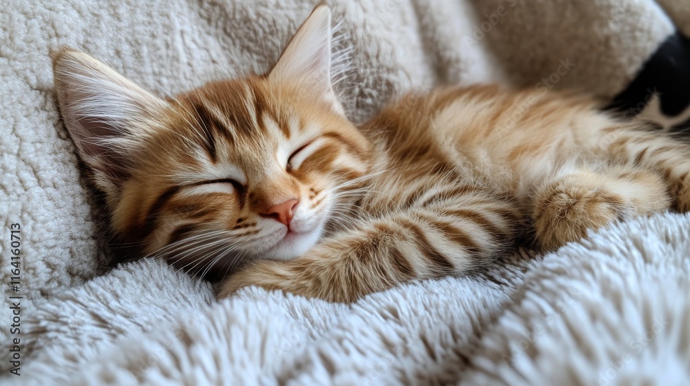 Soft and fluffy kitten napping peacefully on cozy blanket in a warm environment Soft and fluffy kitten napping peacefully on cozy blanket in a warm environment