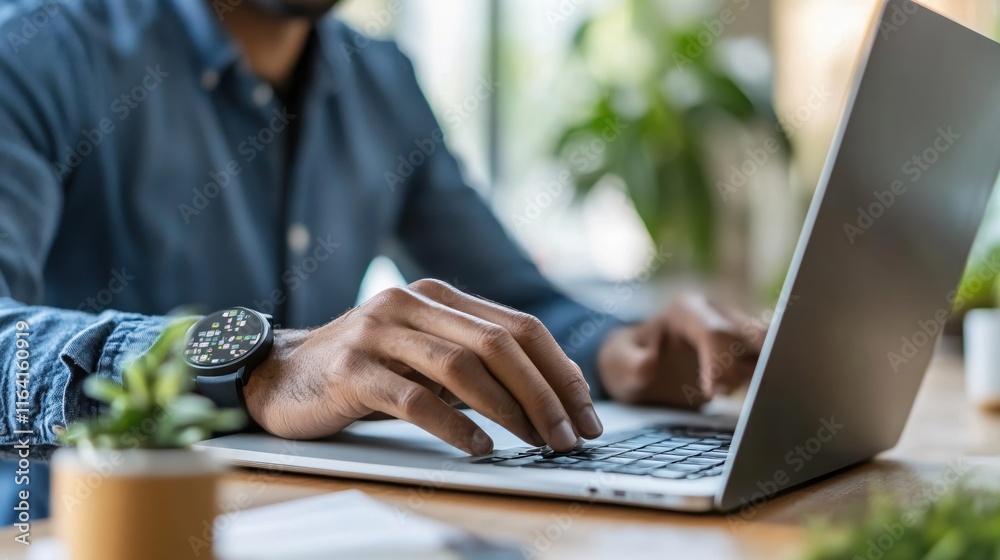 Professional Man Typing on Laptop in Bright Modern Workspace with Green Plants Professional Man Typing on Laptop in Bright Modern Workspace with Green Plants