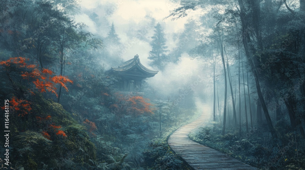 Obraz premium Misty forest path leads to a serene temple nestled among autumn foliage.