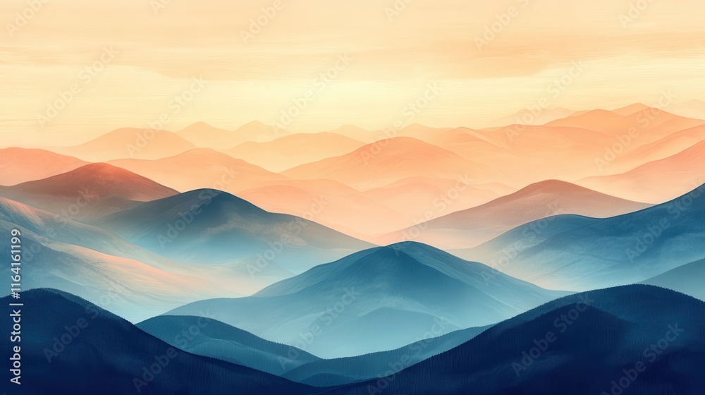 Obraz premium Serene Sunrise Over Misty Mountain Range with Soft Pastel Colors and Gentle Light Creating a Tranquil and Dreamy Landscape Scene