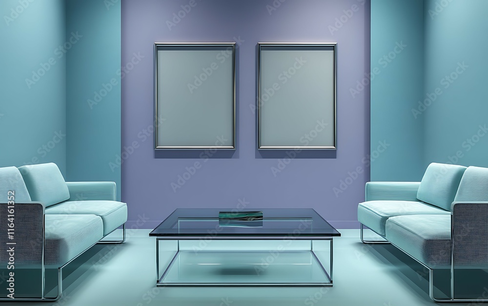 Fototapeta premium Modern minimalist waiting room with two empty frames, light teal sofas, and glass coffee table.