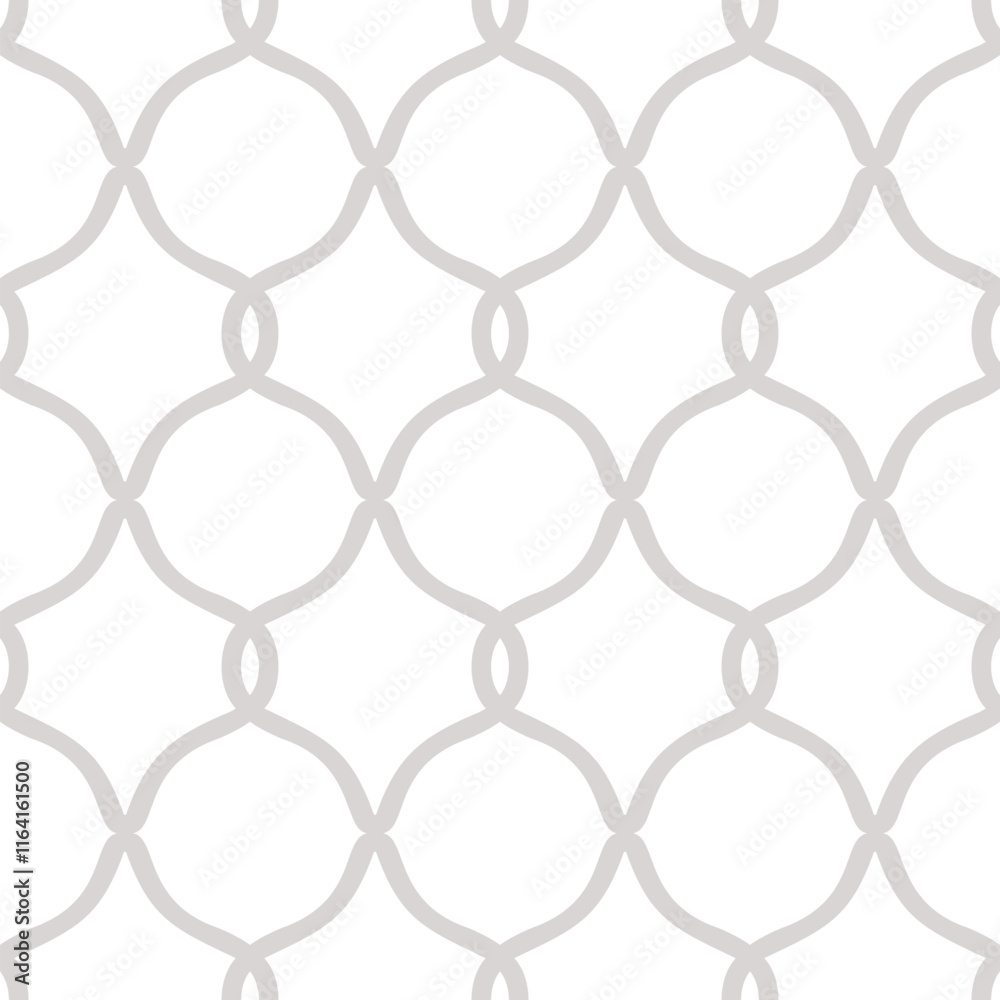 Fototapeta premium Vector geometric lattice seamless pattern. Abstract ornamental texture with curved shapes, elegant grid, mesh. Grey lines on transparent background. Subtle ornament in oriental style. Repeated design