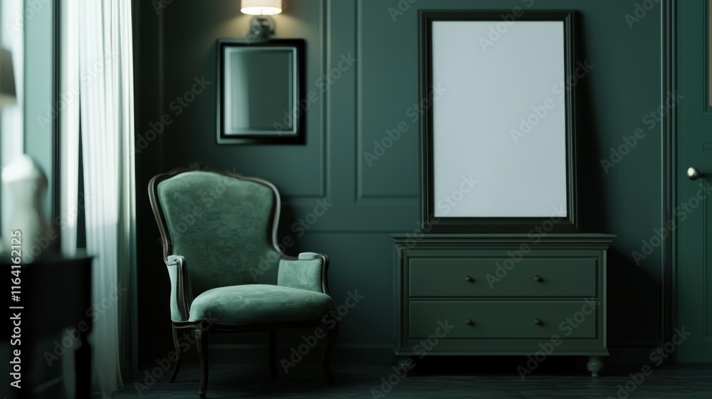 Fototapeta premium Elegant Green Interior Design: A Serene Sitting Room