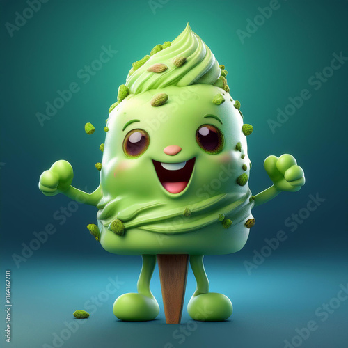 Cute Pistachio Ice Cream Character with Fresh Pistachios, Kawaii Style