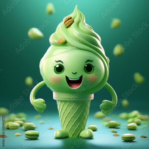 Cute Pistachio Ice Cream Character with Fresh Pistachios, Kawaii Style