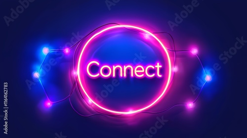Neon Sign: Connect -  A vibrant digital artwork featuring a glowing neon sign in a circular frame with the word 'Connect' prominently displayed, surrounded by an intricate network of lights.