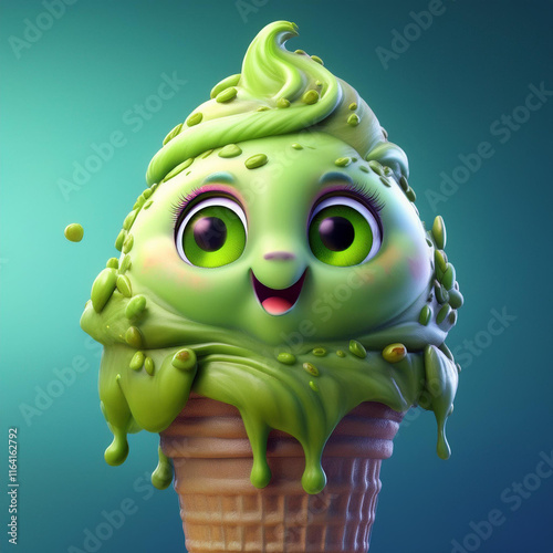 Cute Pistachio Ice Cream Character with Fresh Pistachios, Kawaii Style