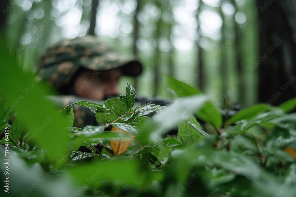 A soldier blends seamlessly into the forest environment, reflecting the themes of stealth and connection to nature amidst a serene yet perceptive atmosphere. A soldier blends seamlessly into the forest environment, reflecting the themes of stealth and connection to nature amidst a serene yet perceptive atmosphere.