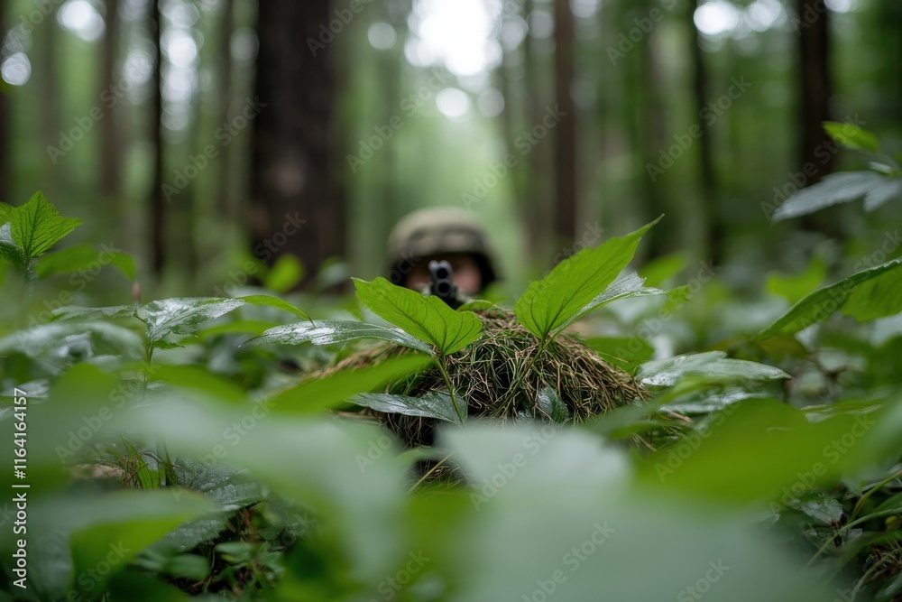Obraz premium A soldier is camouflaged and lying low in vibrant green foliage, ready for action in a tranquil forest setting, blending seamlessly with the surroundings.