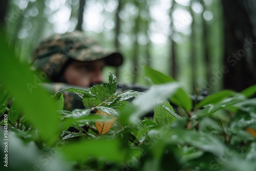 A soldier blends seamlessly into the forest environment, reflecting the themes of stealth and connection to nature amidst a serene yet perceptive atmosphere.