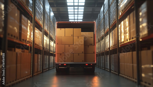 Close-Up View of a Moving Truck Filled with Cardboard Boxes Ready for Delivery to a Commercial Warehouse